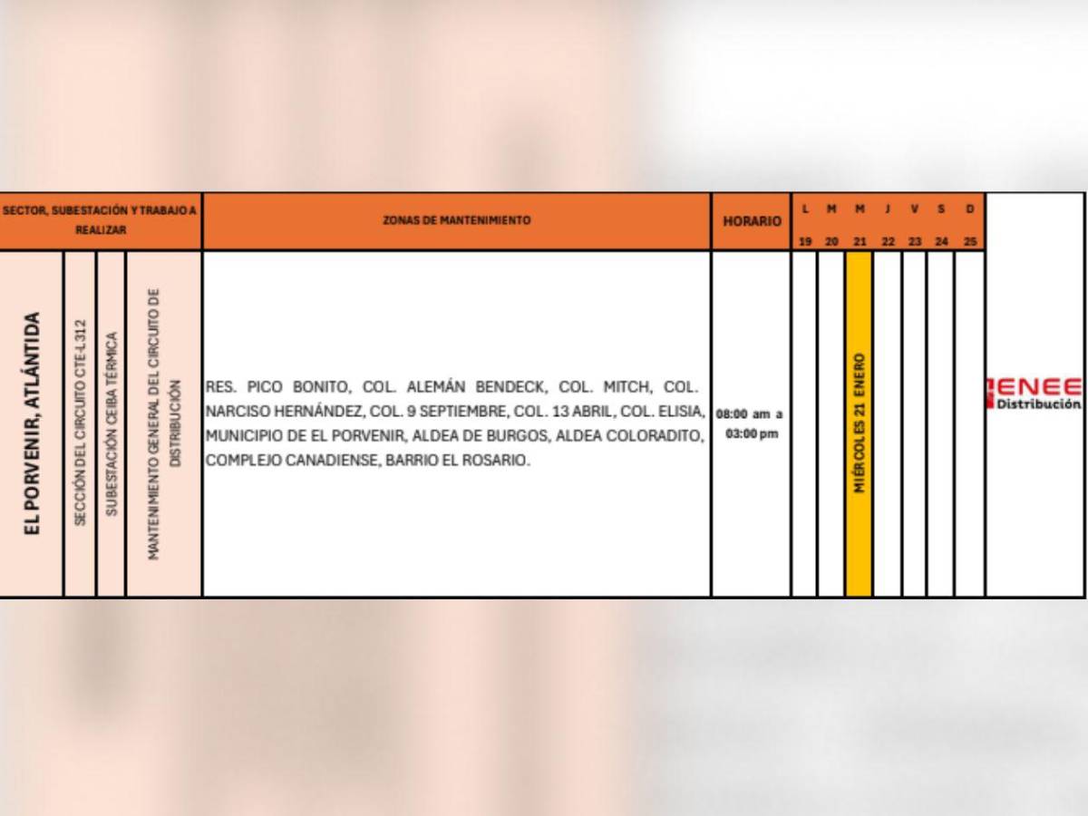Extensos cortes de luz en estas zonas de Honduras este miércoles 21 de enero