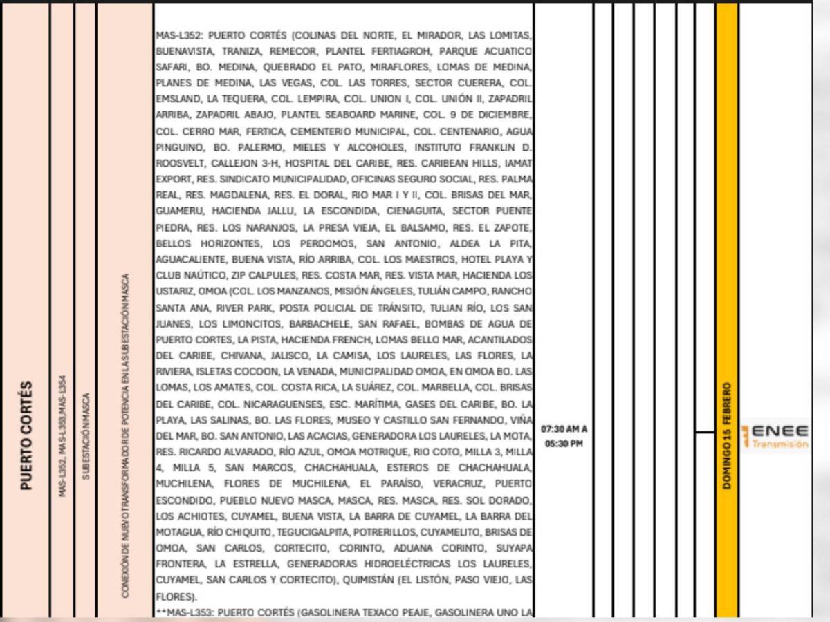 Diez horas sin luz estarán estas zonas de Cortés y Tegucigalpa este domingo 15 de febrero