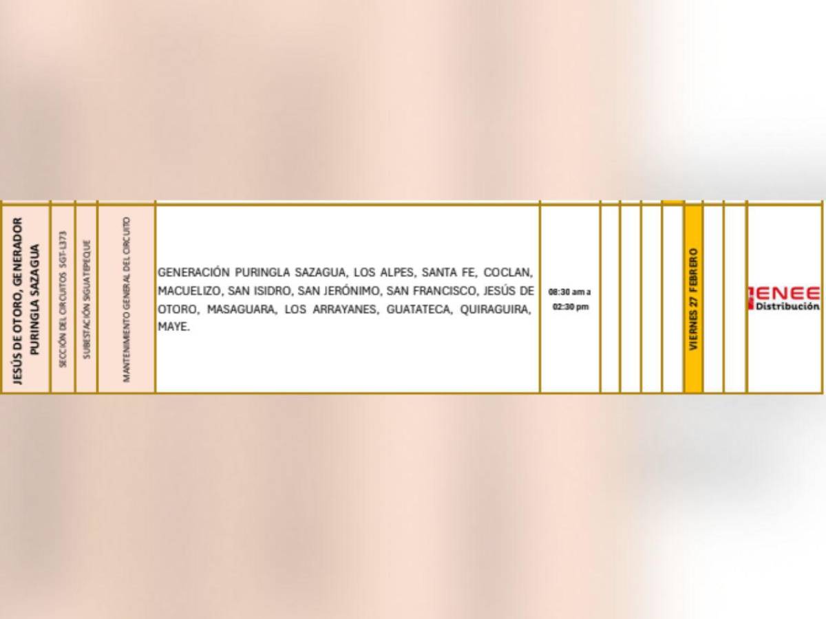 Más de 100 sectores de Honduras no tendrán luz este viernes 27 de febrero