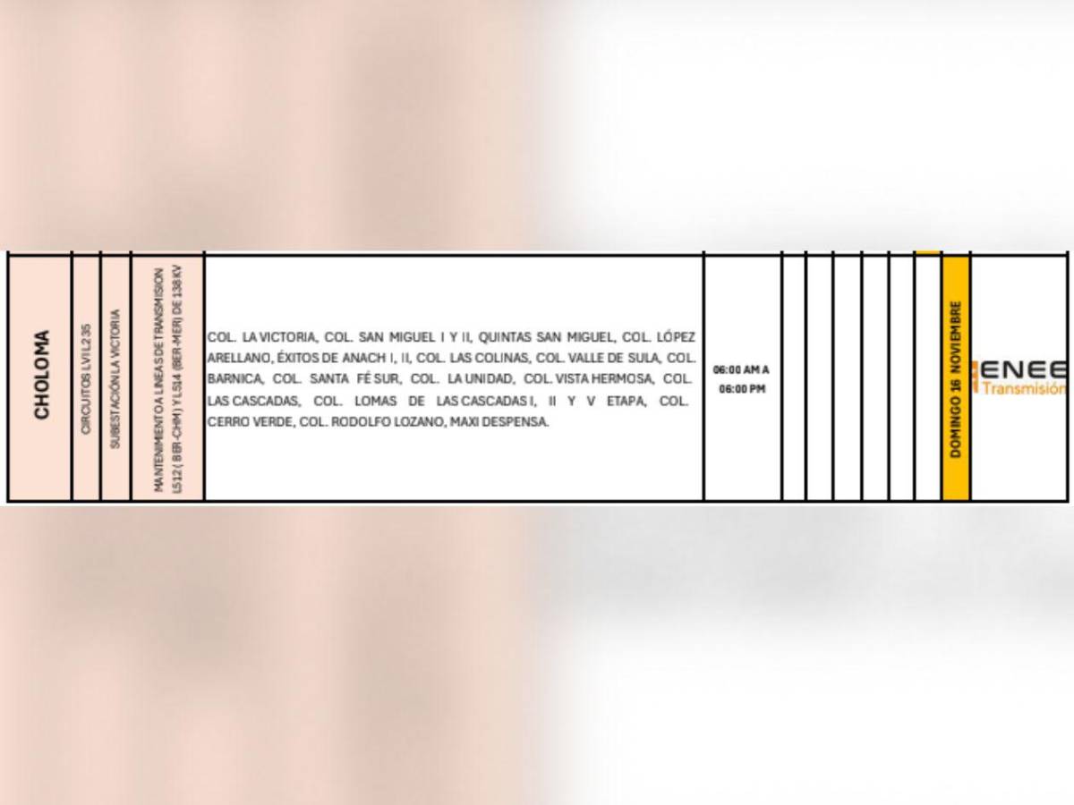 Doce horas sin luz estarán estas zonas de Honduras este domingo 16 de noviembre