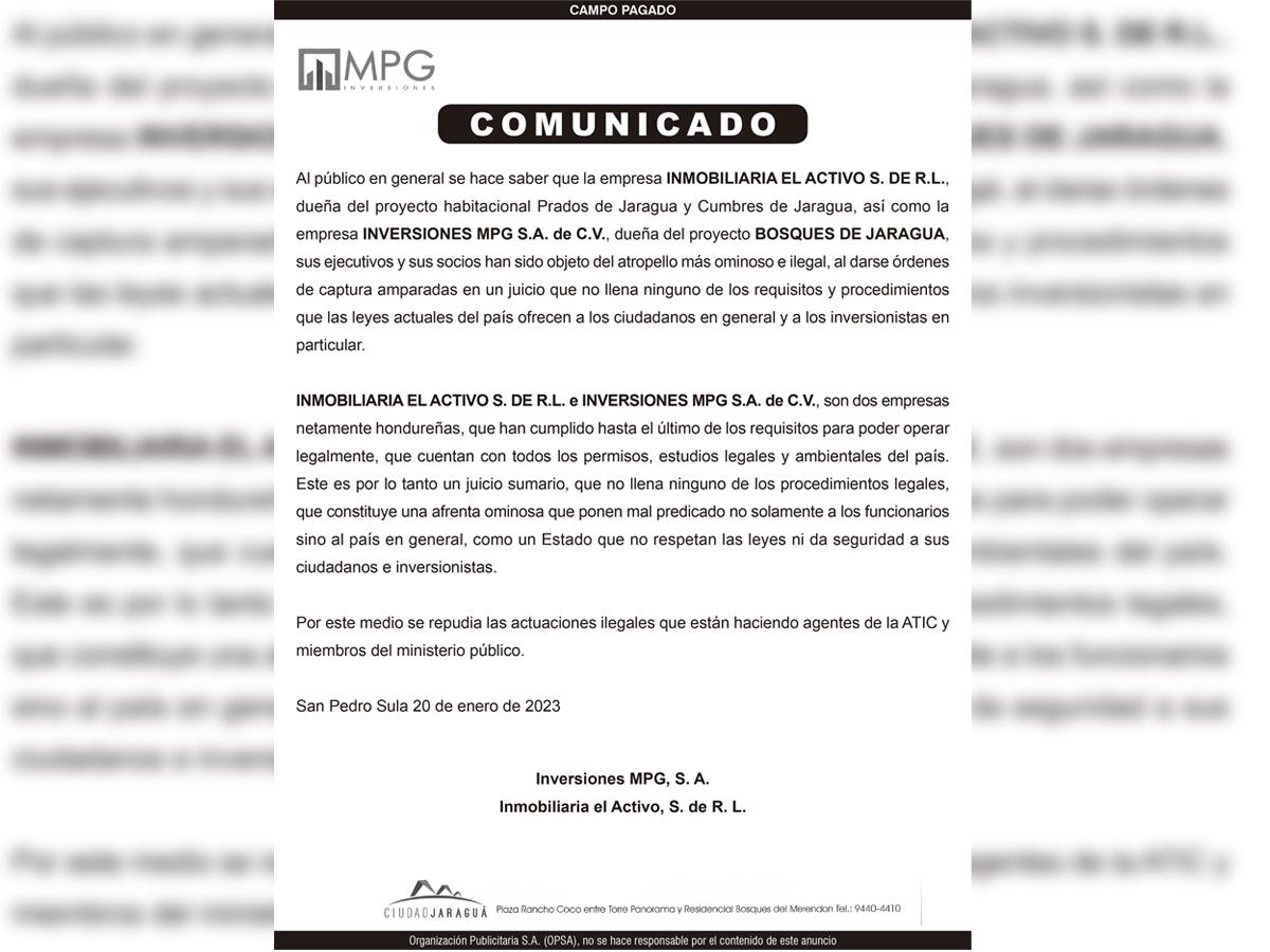 Comunicado de los desarrolladores del proyecto habitacional de Ciudad Jaraguá