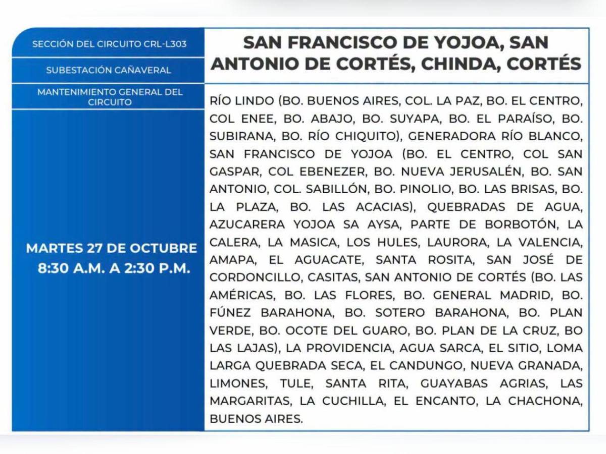 Zonas de Honduras que no tendrán energía eléctrica este martes 27 de octubre