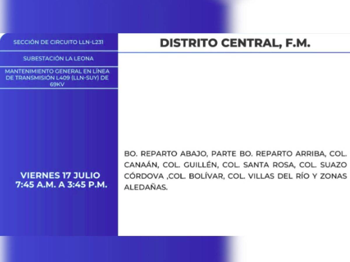 Amplios cortes de energía en estas zonas de Honduras este viernes 17 de julio