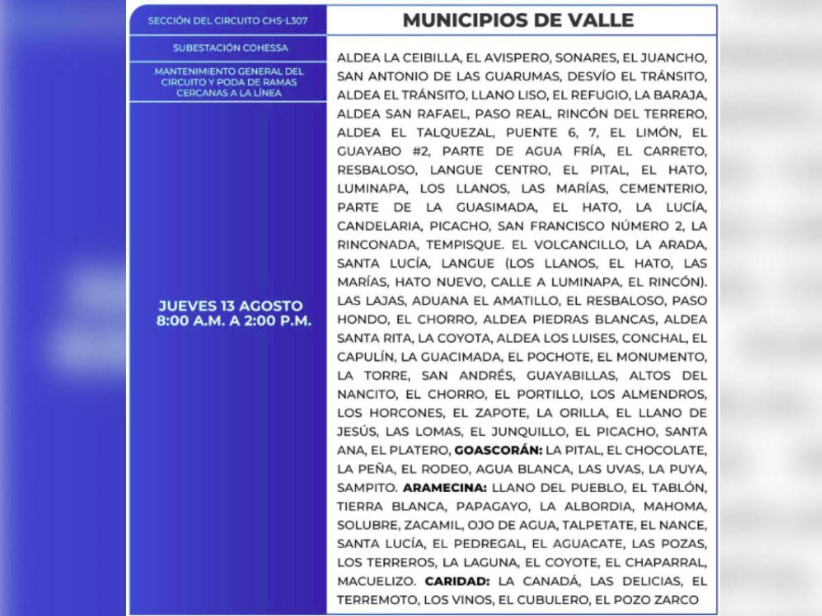 Más de 100 zonas de Honduras no tendrán luz por ocho horas este jueves 13 de agosto