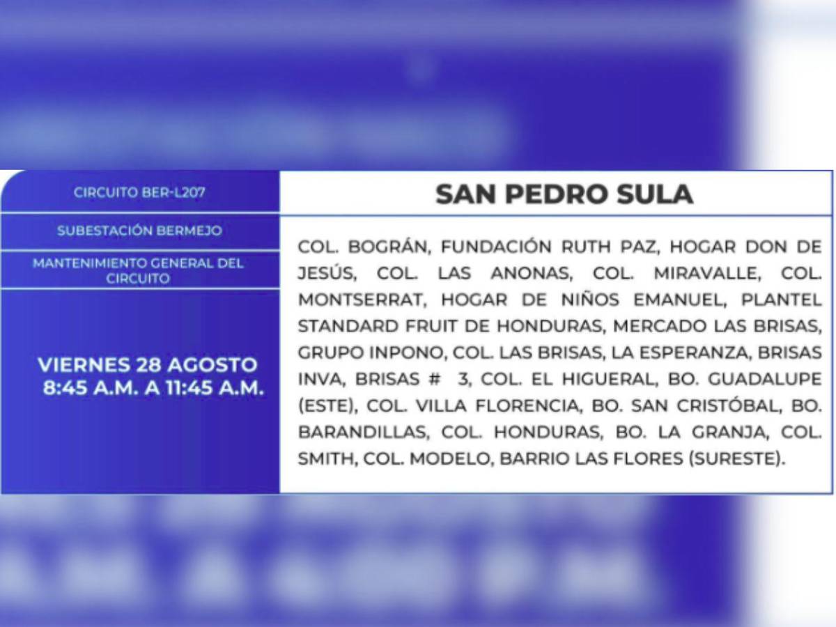 Ocho horas sin luz estarán estas zonas de Honduras este viernes 28 de agosto