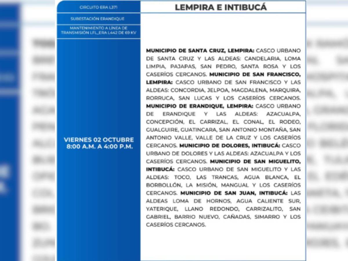 Ocho horas sin luz estarán estas zonas de Honduras este viernes 2 de octubre