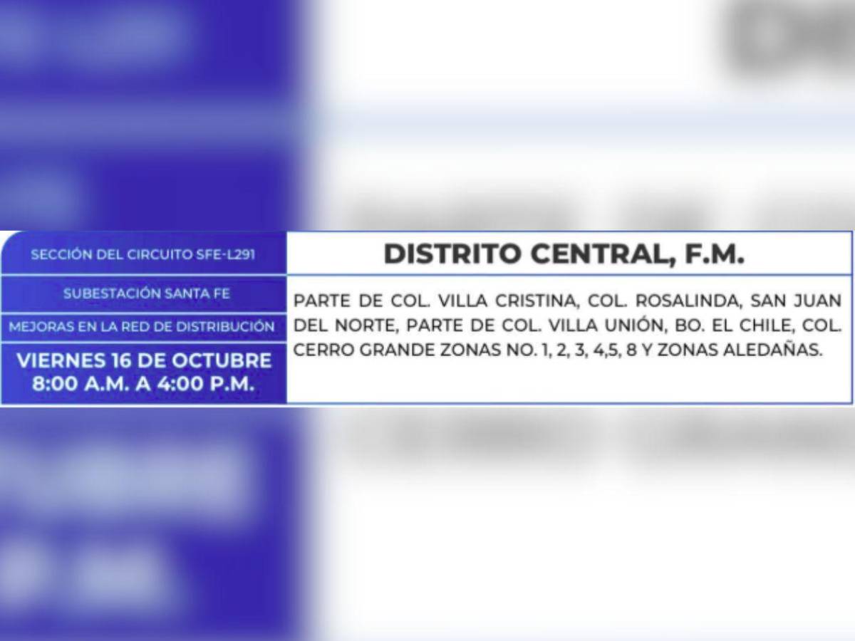 Ocho horas sin luz estarán estas zonas de Honduras este viernes 16 de octubre