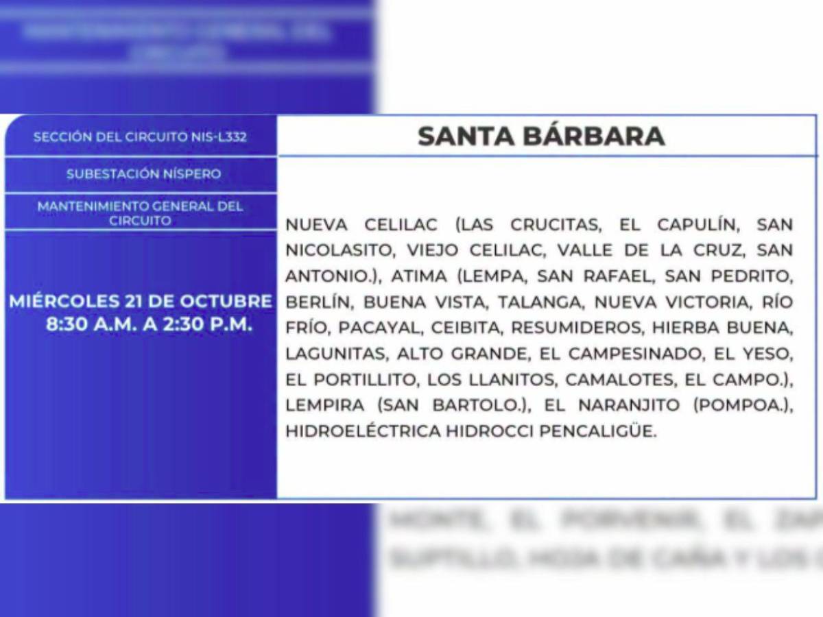 Amplias zonas de Honduras no tendrán energía este miércoles 21 de octubre