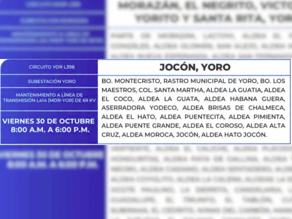 Diez horas sin luz estarán estas zonas de Honduras este viernes 30 de octubre