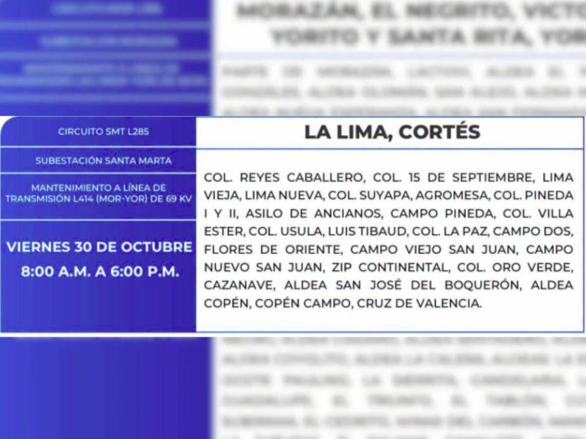 Diez horas sin luz estarán estas zonas de Honduras este viernes 30 de octubre
