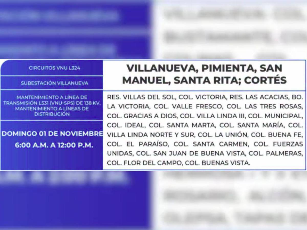 ¡Domingo sin luz! Extensa lista de zonas de Honduras no tendrán energía este 1 de noviembre