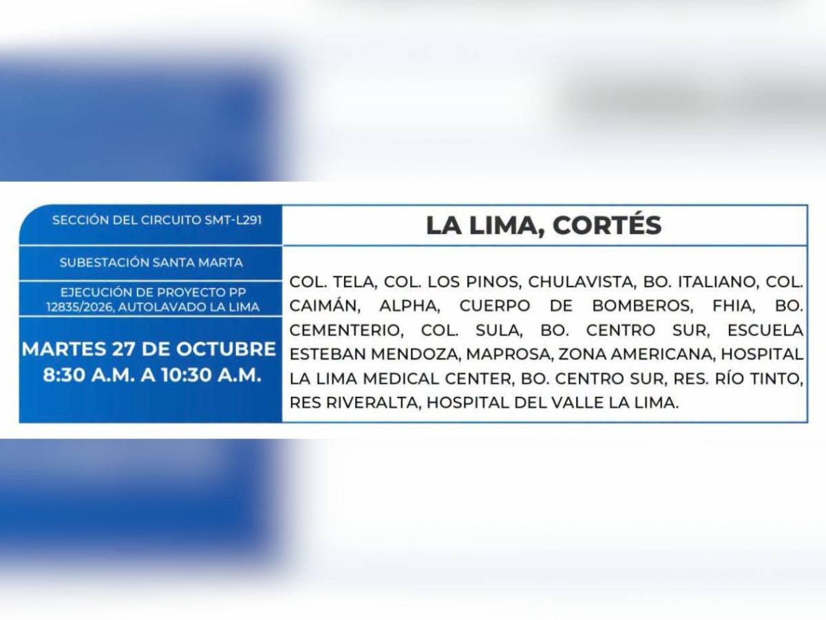 Zonas de Honduras que no tendrán energía eléctrica este martes 27 de octubre