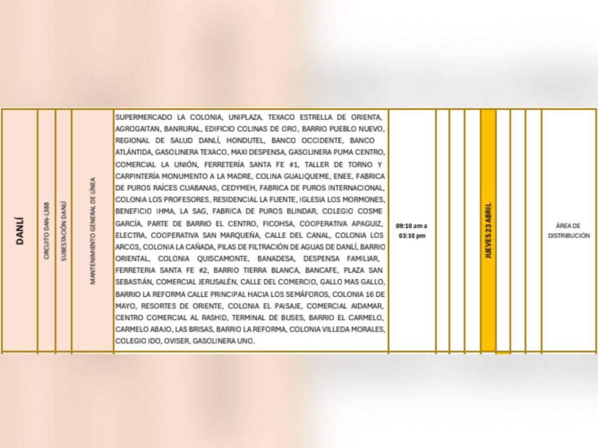 Zonas de Honduras que no tendrán luz este jueves 23 de abril