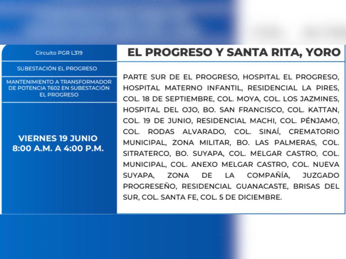 Diez horas sin luz estarán estas zonas de Honduras este viernes 19 de junio