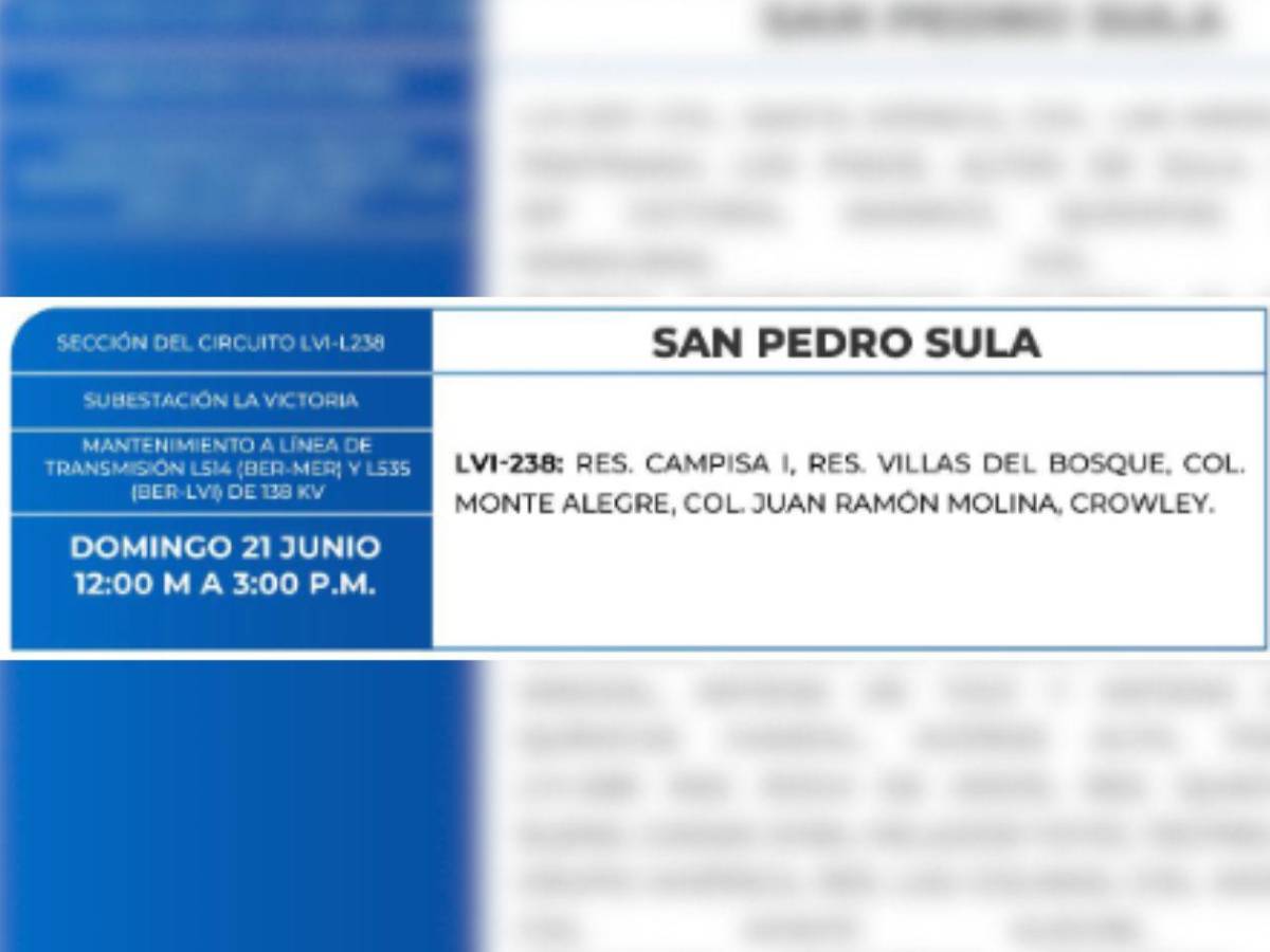 Ocho horas sin luz estarán estos sitios de San Pedro Sula este domingo 21 de junio