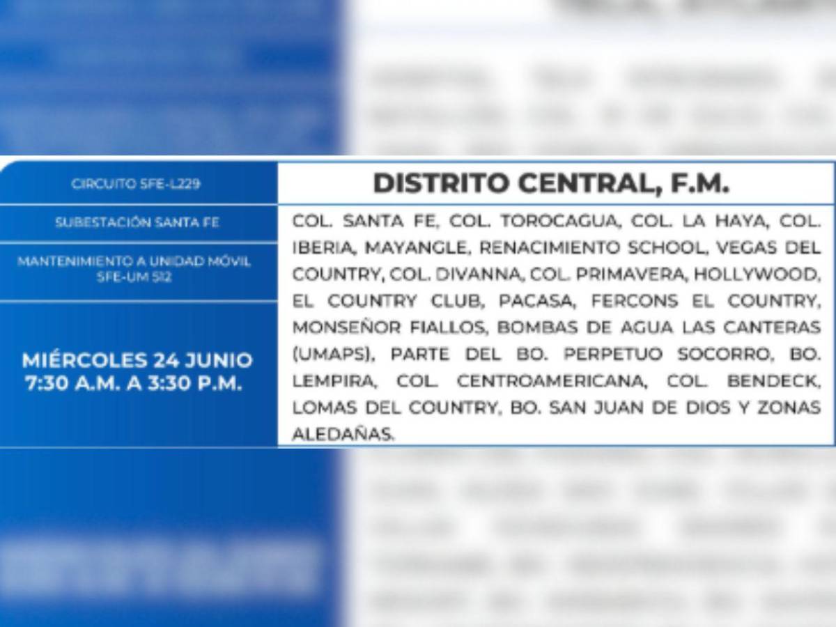 Estas zonas de Honduras no tendrán energía eléctrica este miércoles 24 de junio