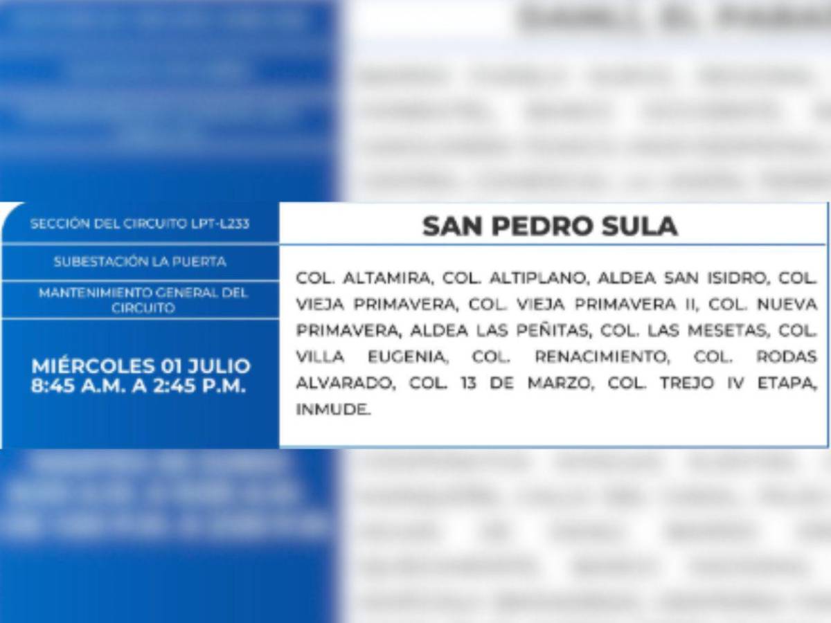 Estas zonas de Honduras no tendrán energía este miércoles 1 de julio
