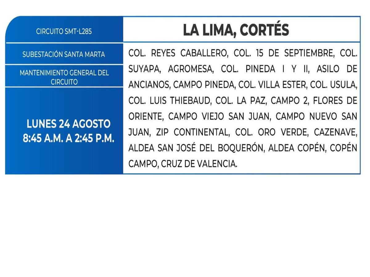 Cortes de energía este lunes 24 de agosto en el Distrito Central y La Lima, Cortés