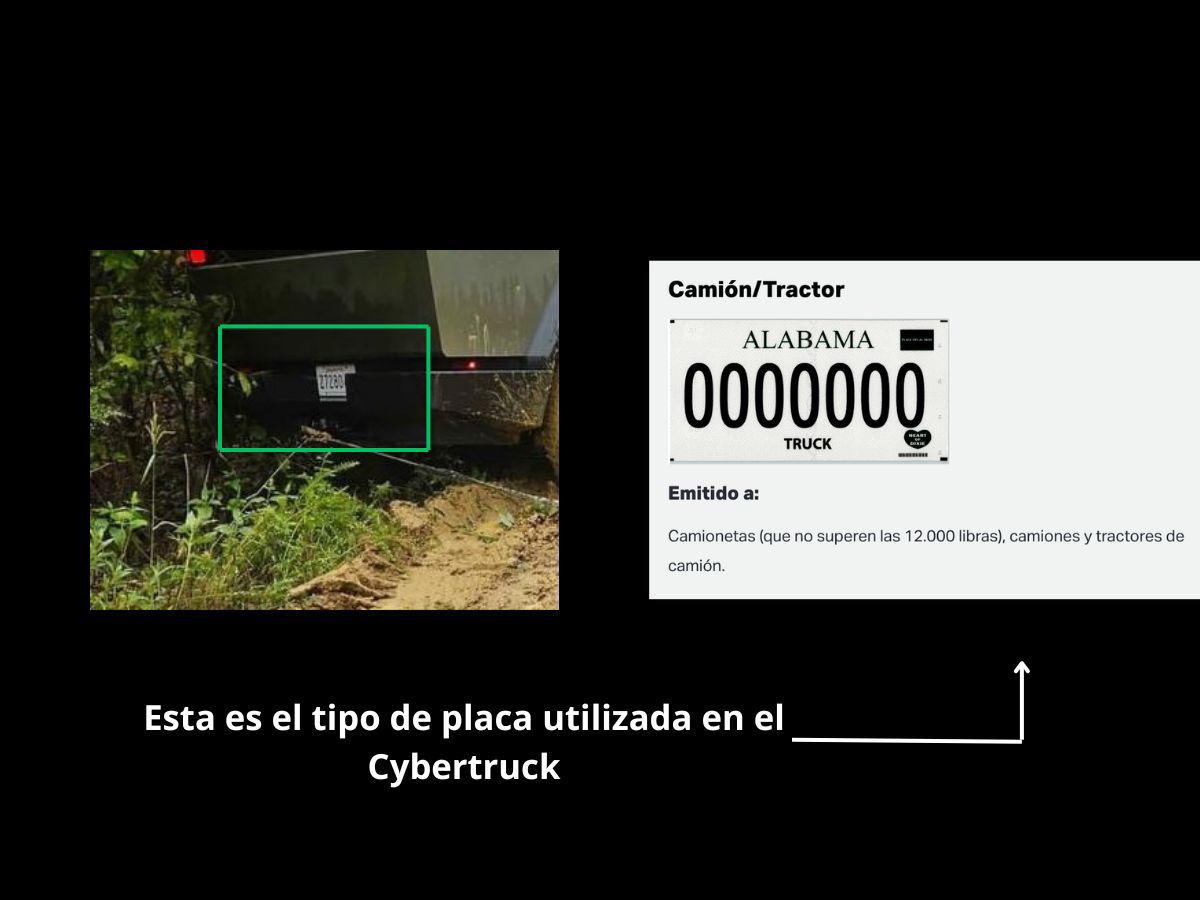 Comparativa de la placa del Cybertruck en el lodo y las placas para este tipo camionetas en Alabama.