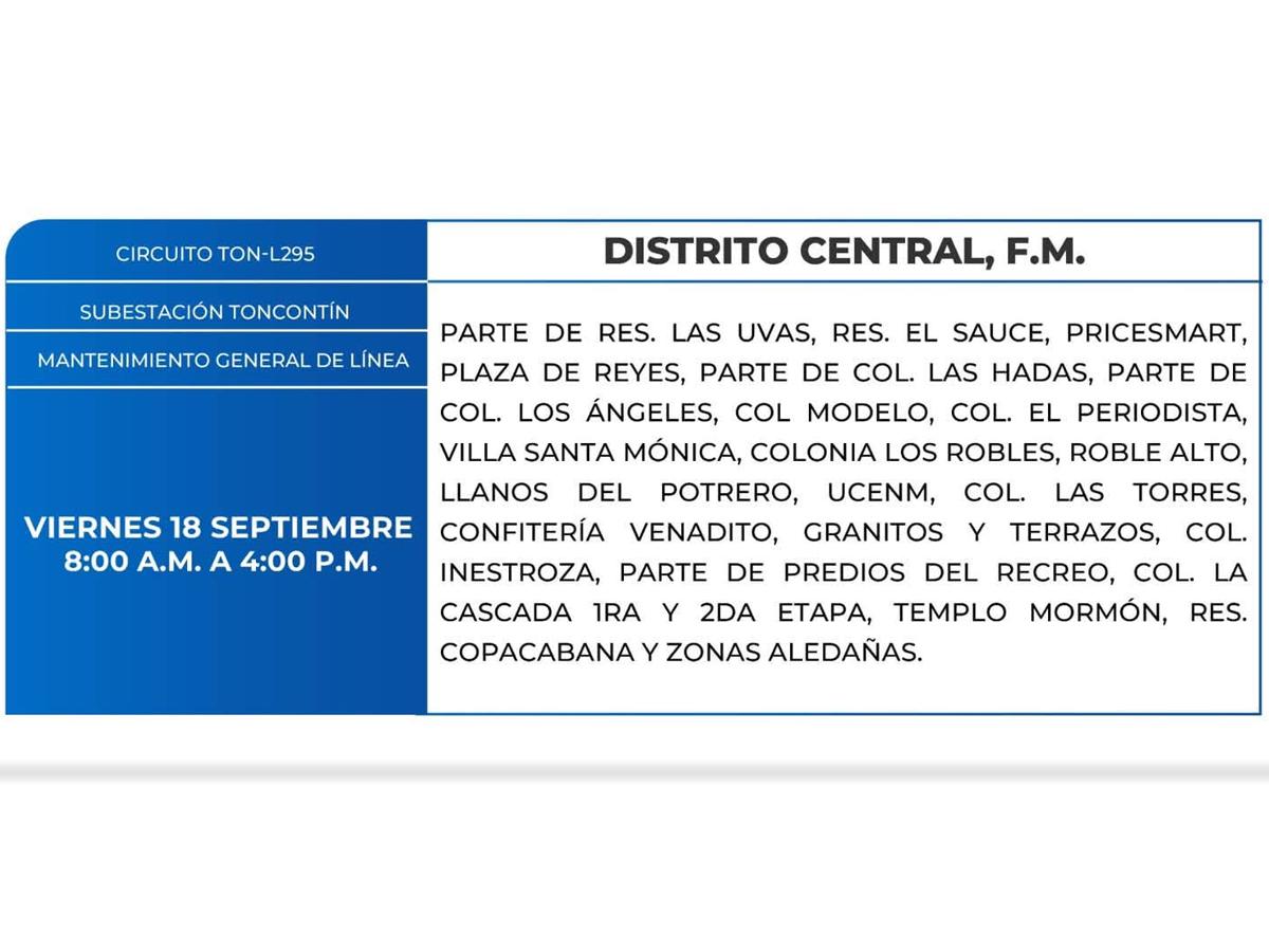 Masivos cortes de energía para este viernes 18 de septiembre en San Pedro Sula y Tegucigalpa