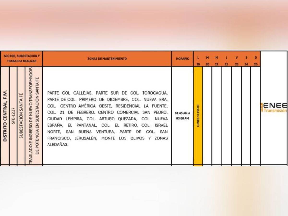 Cortes de luz: zonas sin energía eléctrica este lunes 19 de mayo en Honduras