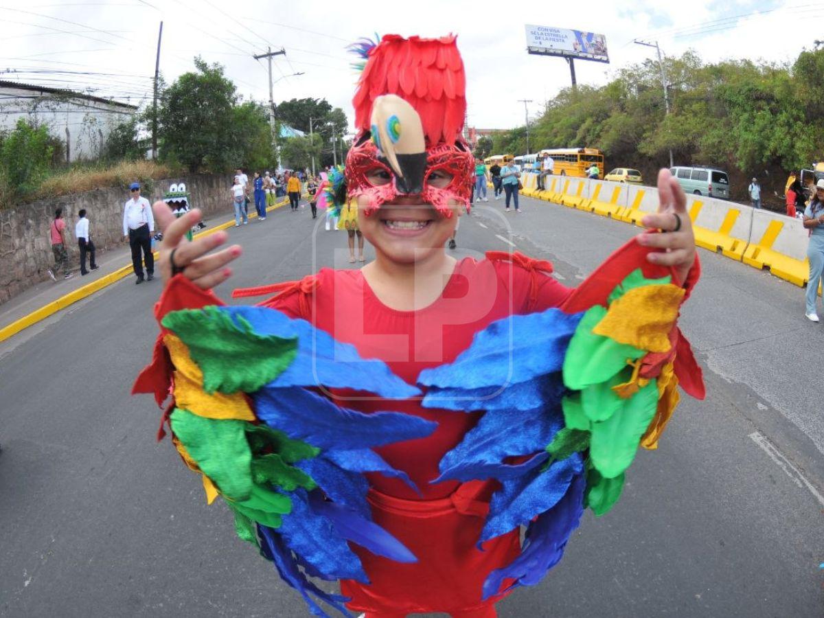 Bandas, palillonas y pomponeras: niños llenan de color las calles de Tegucigalpa