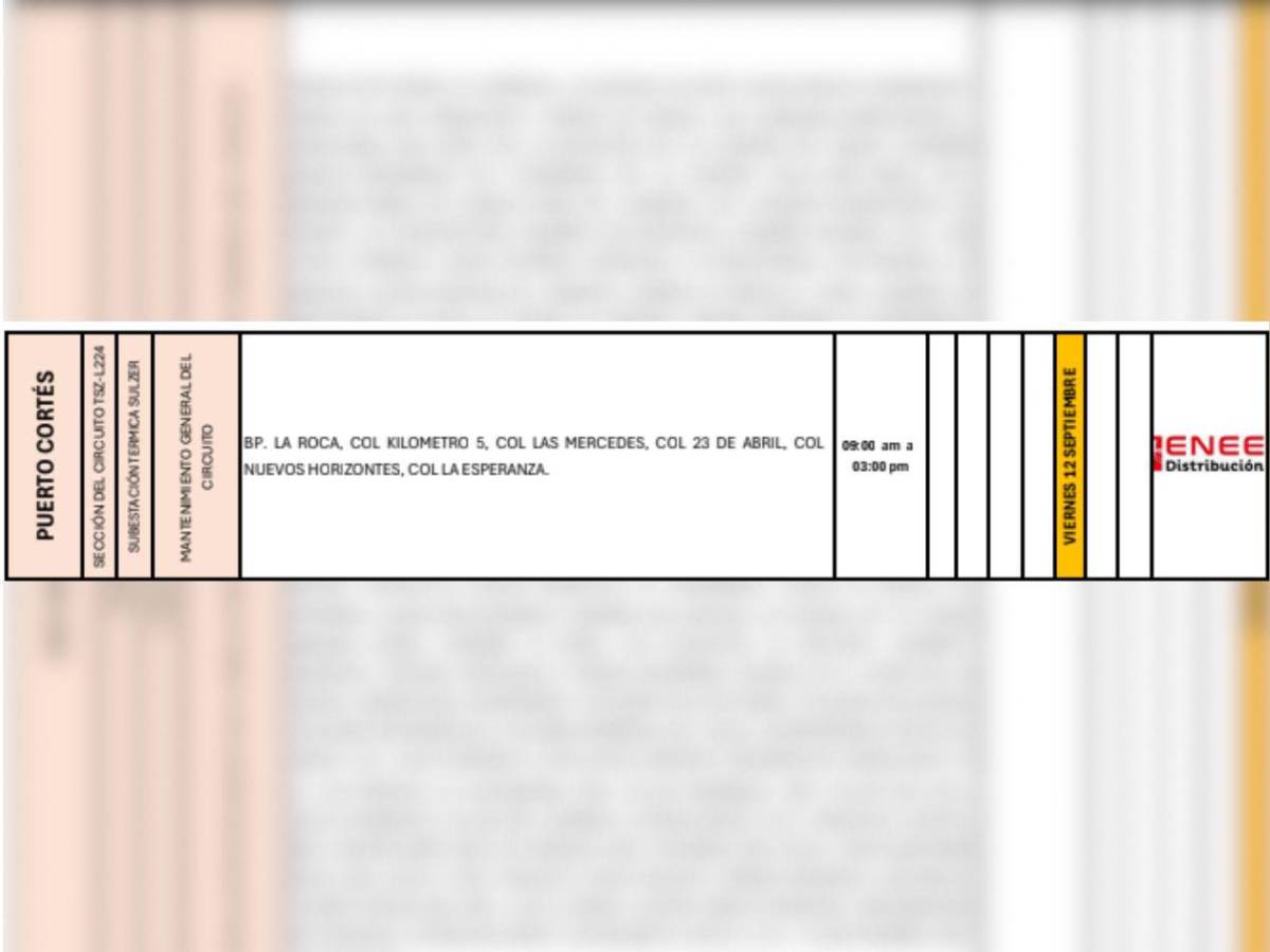 Cortes de luz en varias zonas de Honduras este viernes 12 de septiembre