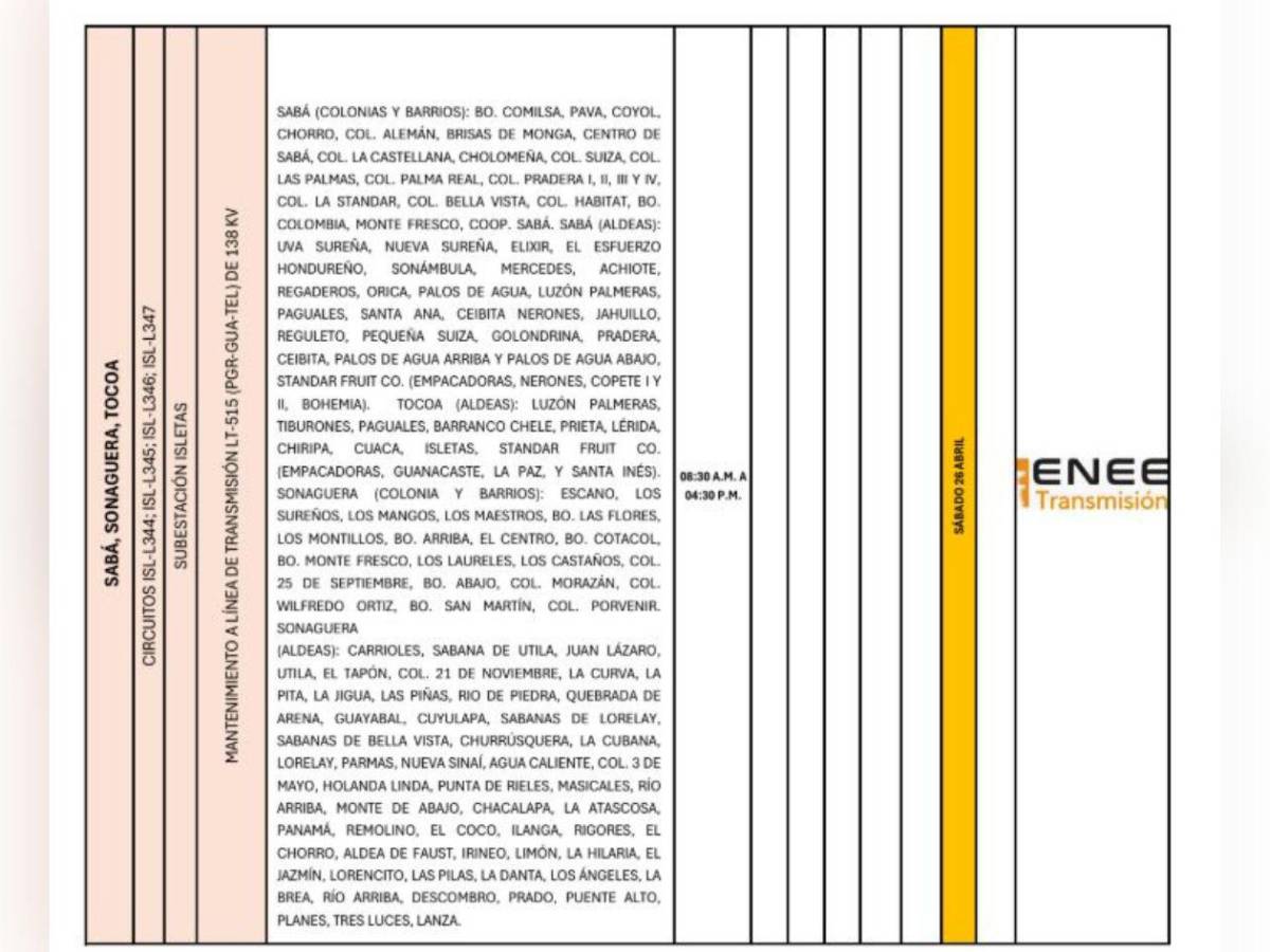Enee anuncia masivos cortes de luz en Honduras este sábado 26 de abril