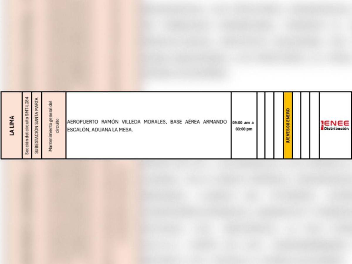Enee anuncia extensos cortes de luz en estas zonas de Honduras este jueves ocho de enero