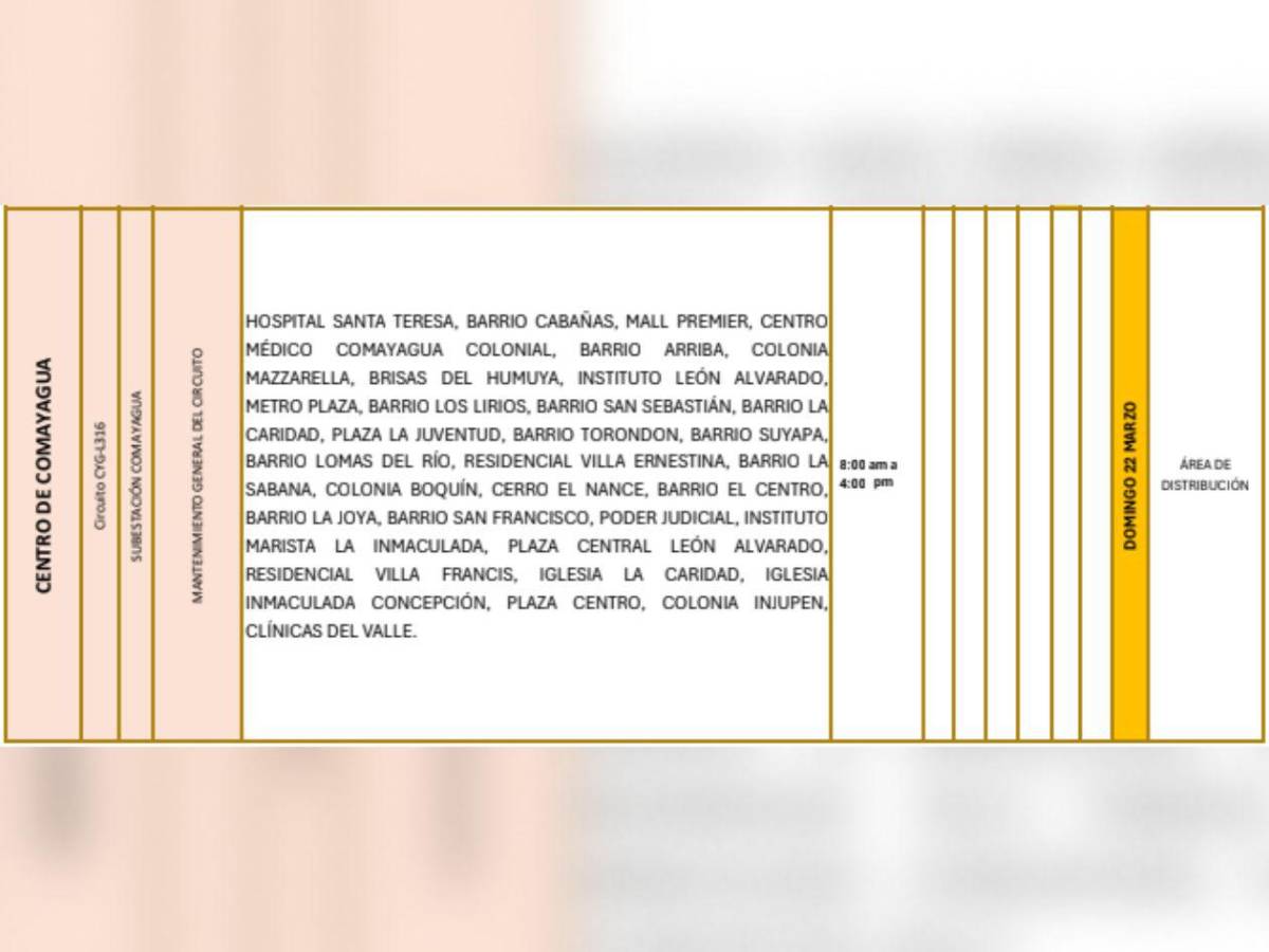Esta zona de Honduras no tendrá energía eléctrica este domingo 22 de marzo