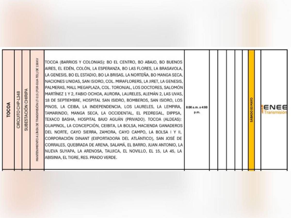 Apagones: extensa lista de sectores sin luz este sábado 3 de mayo en Honduras