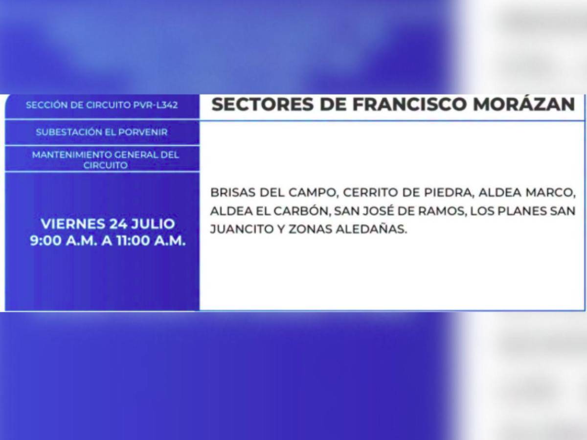 Ocho horas sin luz estarán estas zonas de Honduras este viernes 24 de julio
