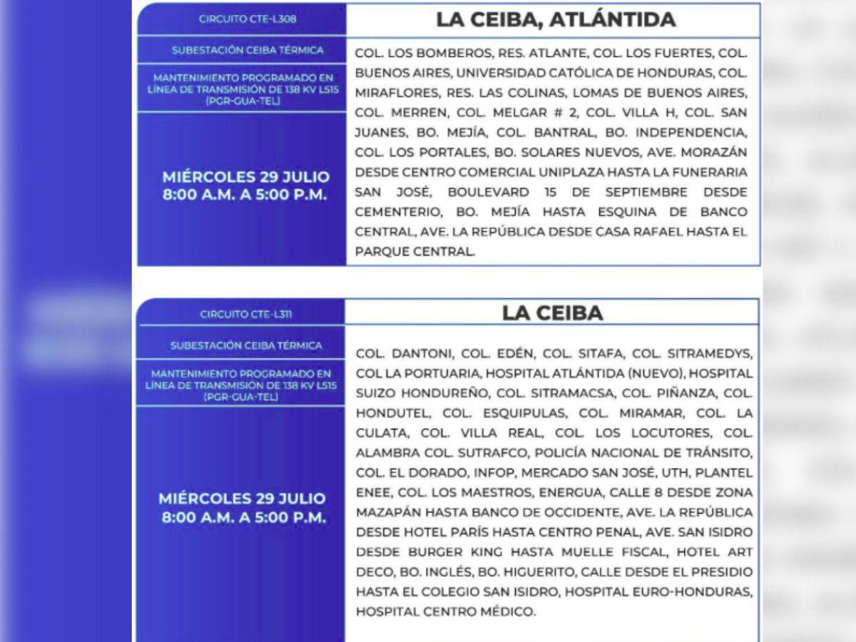 Diez horas sin luz estarán estas zonas de Honduras este miércoles 29 de julio