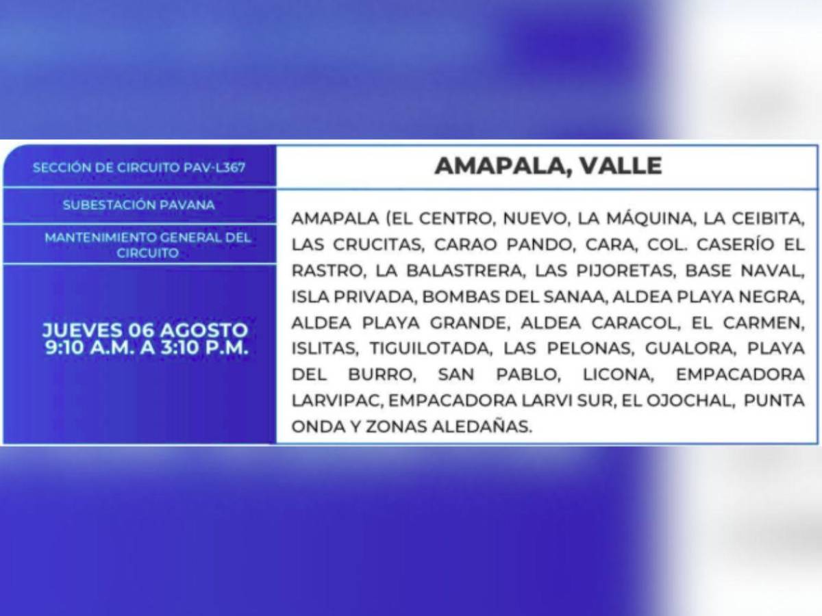 Estas zonas de SPS, Tegucigalpa, Yoro y Olancho que no tendrán energía este jueves 6 de agosto