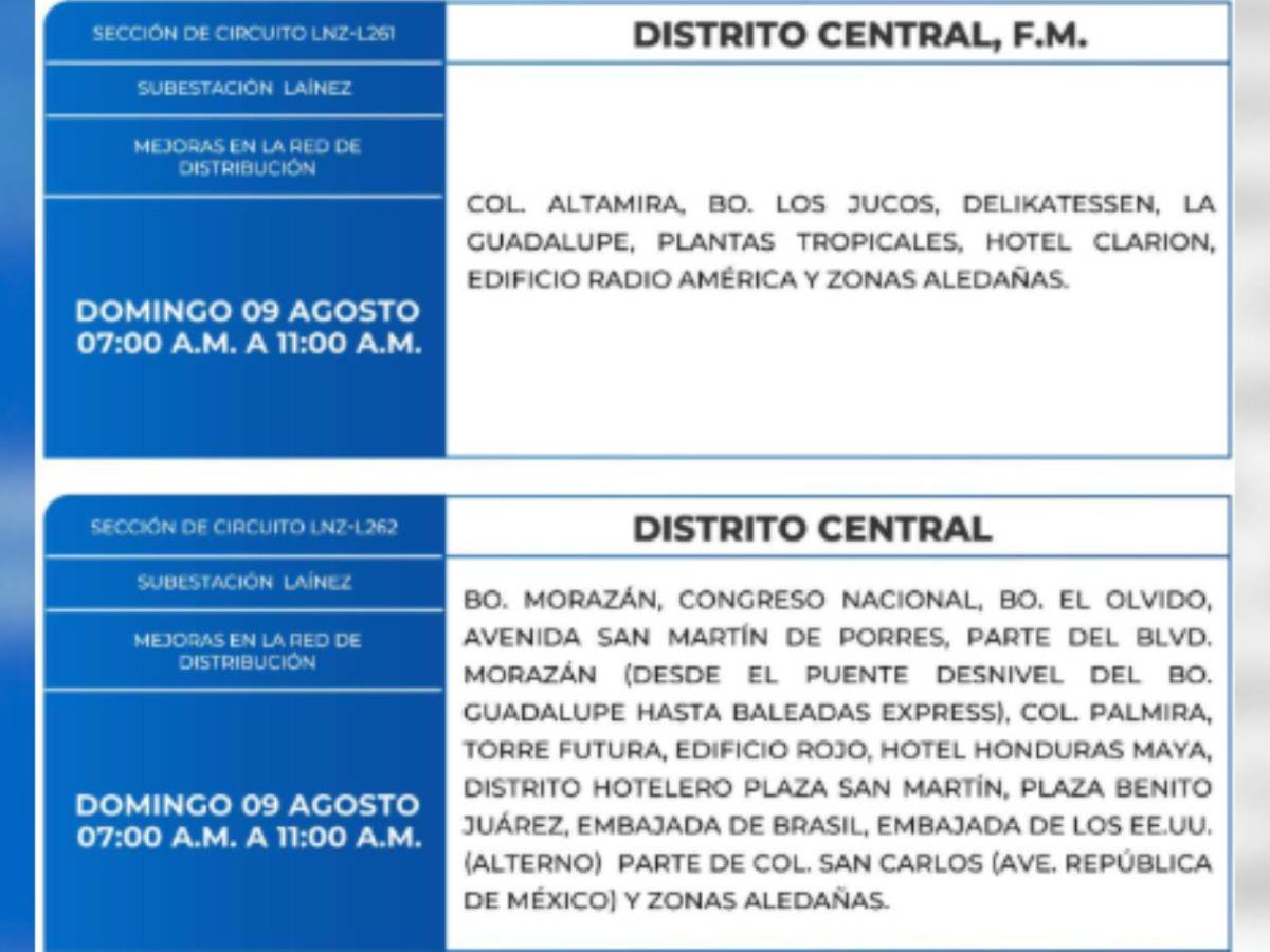 Nueve horas sin luz estarán estas zonas de Honduras este domingo 9 de agosto