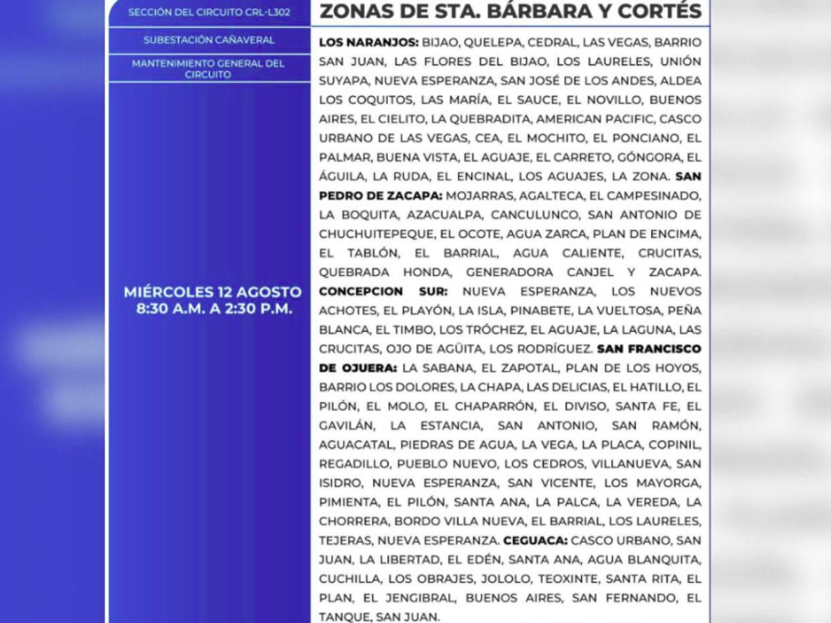 Más de 50 zonas de Honduras no tendrán luz por ocho horas este miércoles 12 de agosto