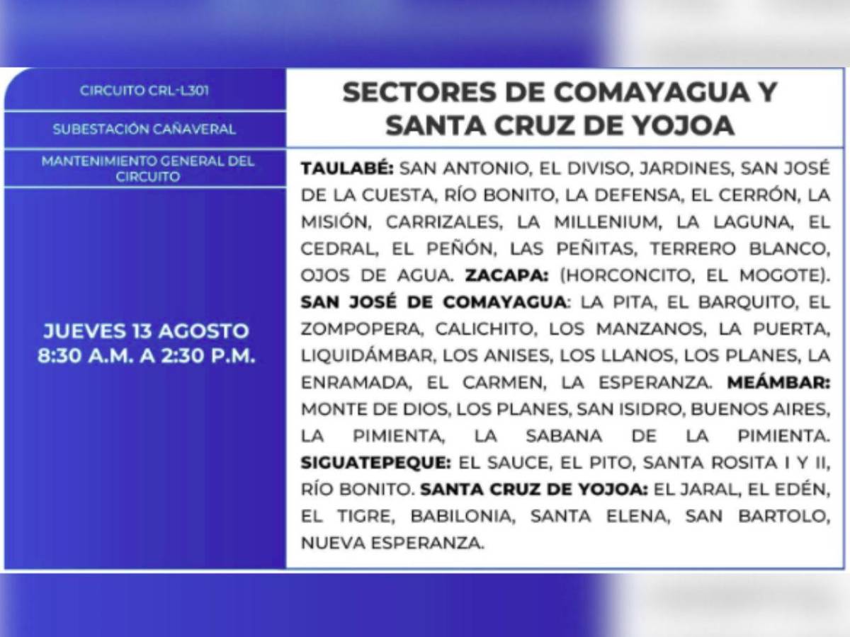 Más de 100 zonas de Honduras no tendrán luz por ocho horas este jueves 13 de agosto