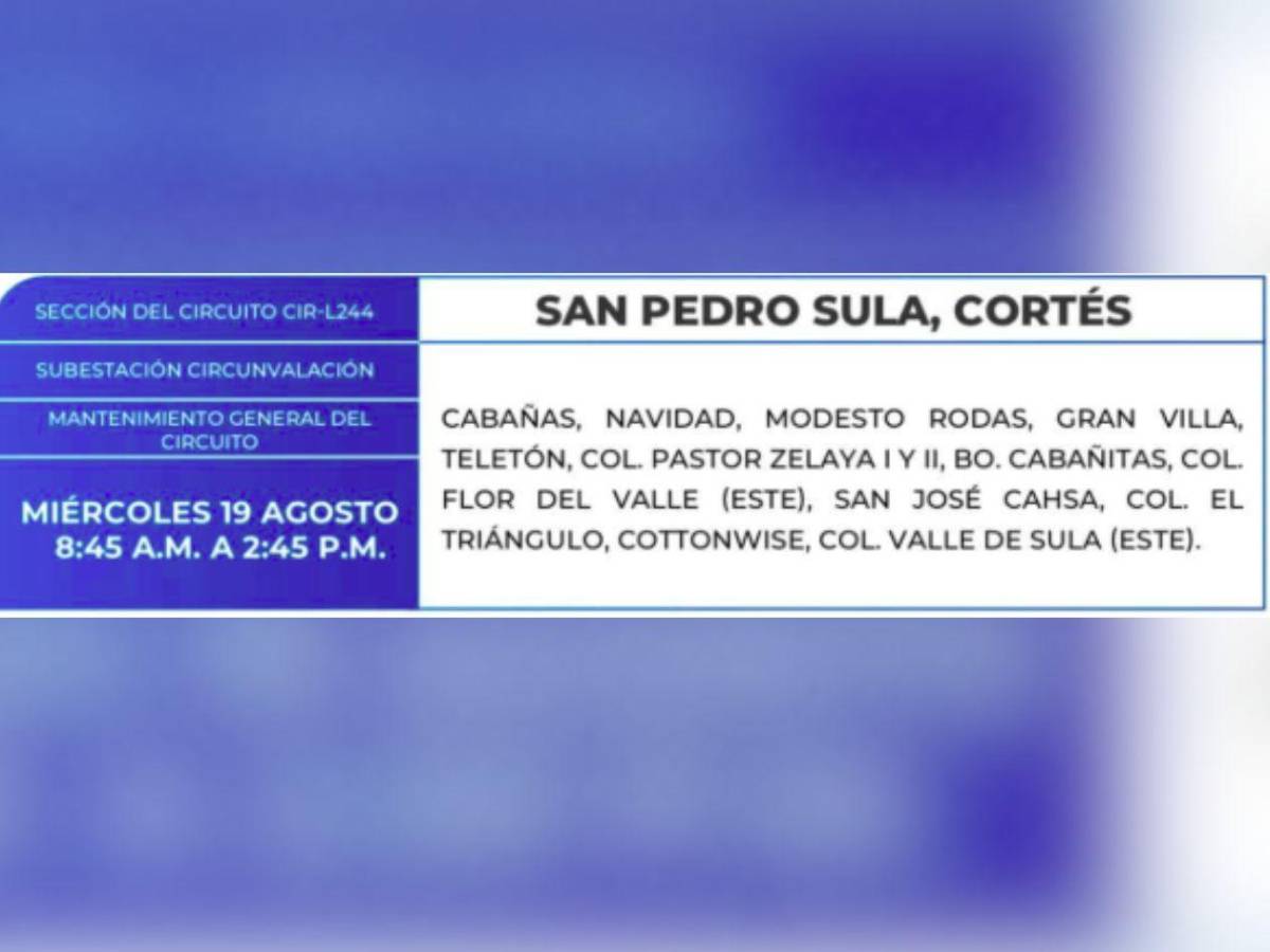 Estos barrios y colonias de Honduras no tendrán luz este miércoles 19 de agosto
