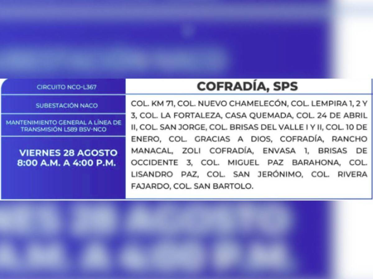 Ocho horas sin luz estarán estas zonas de Honduras este viernes 28 de agosto