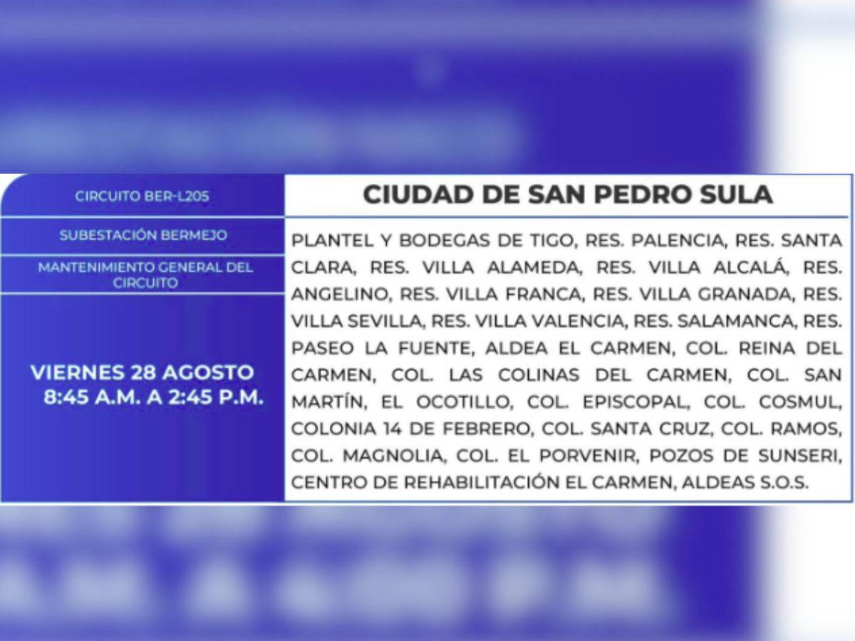 Ocho horas sin luz estarán estas zonas de Honduras este viernes 28 de agosto