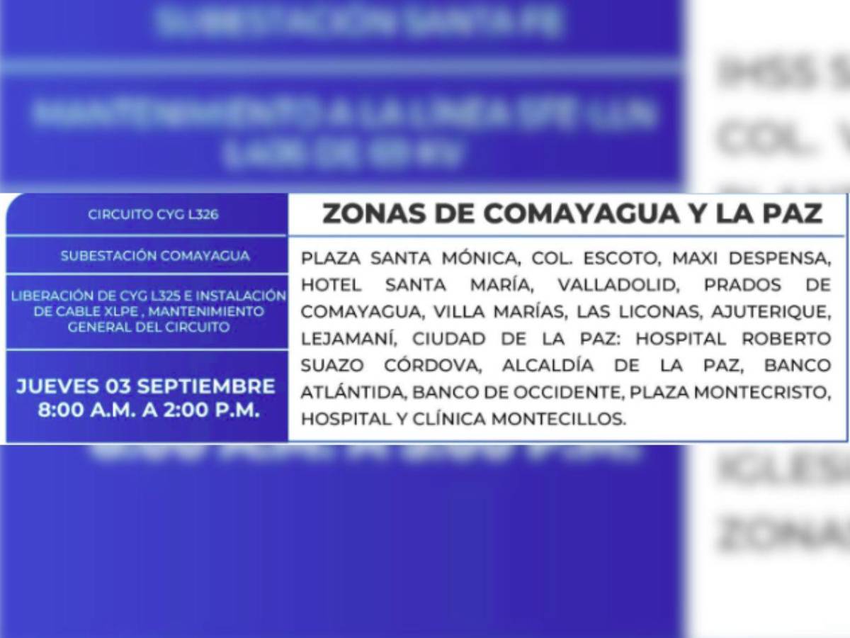 Nueve horas sin luz estarán estas zonas de Honduras  este jueves 3 de septiembre