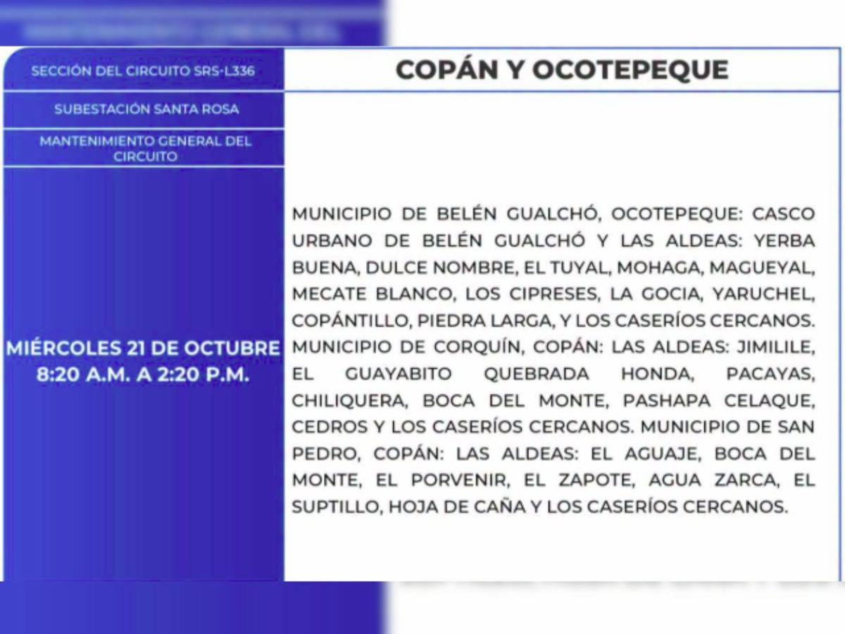 Amplias zonas de Honduras no tendrán energía este miércoles 21 de octubre