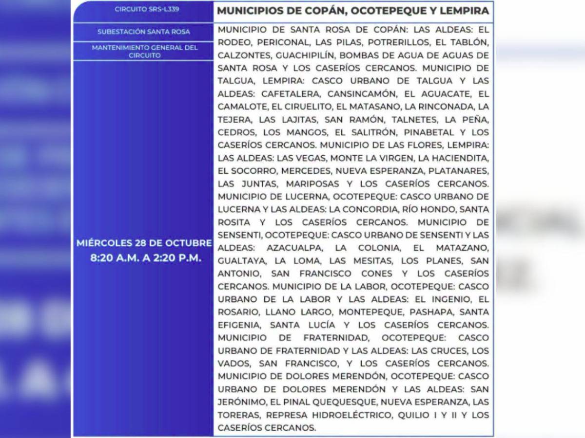 Enee anuncia cortes de luz en estas zonas de Honduras este miércoles 28 de octubre