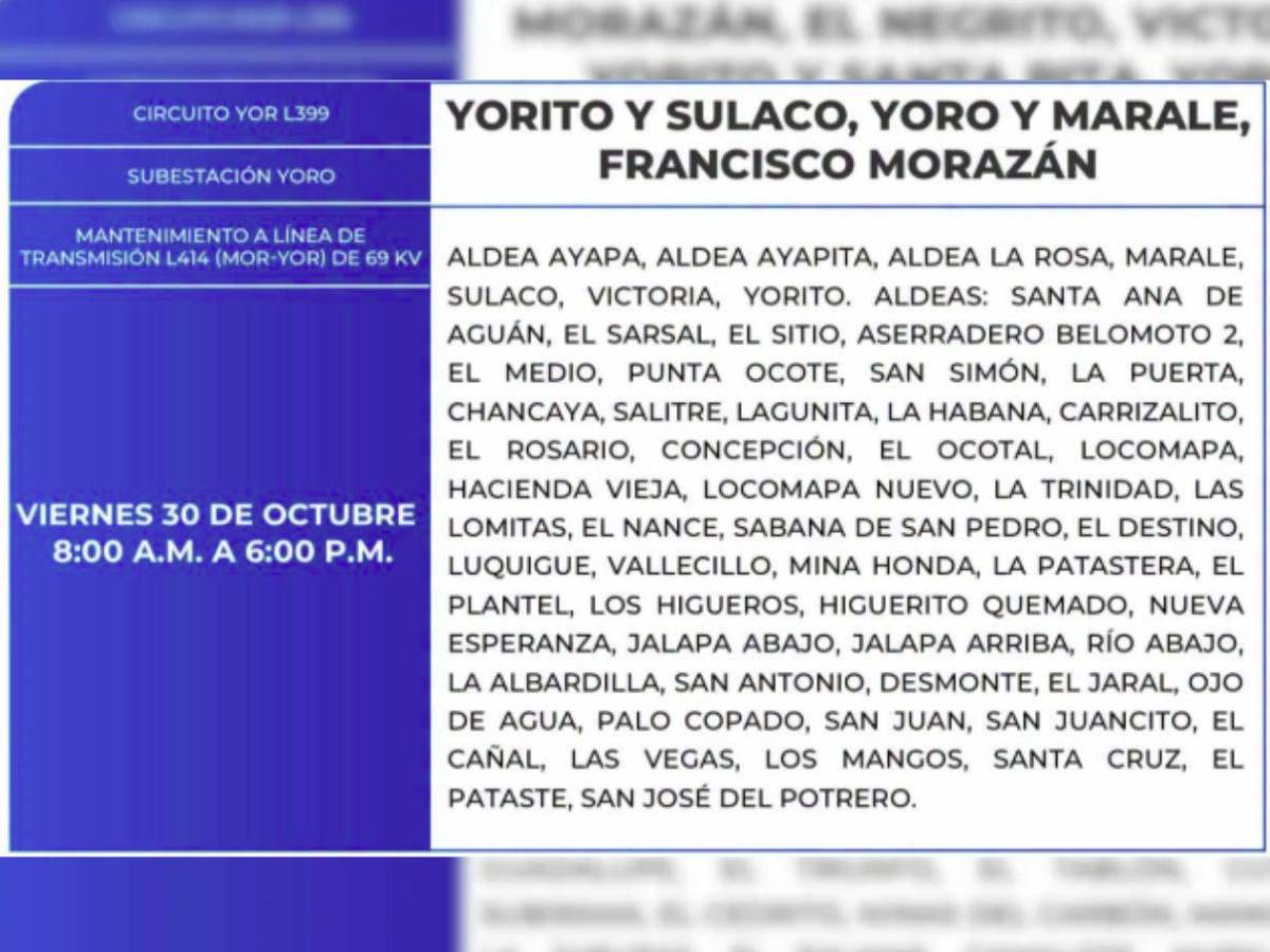 Diez horas sin luz estarán estas zonas de Honduras este viernes 30 de octubre