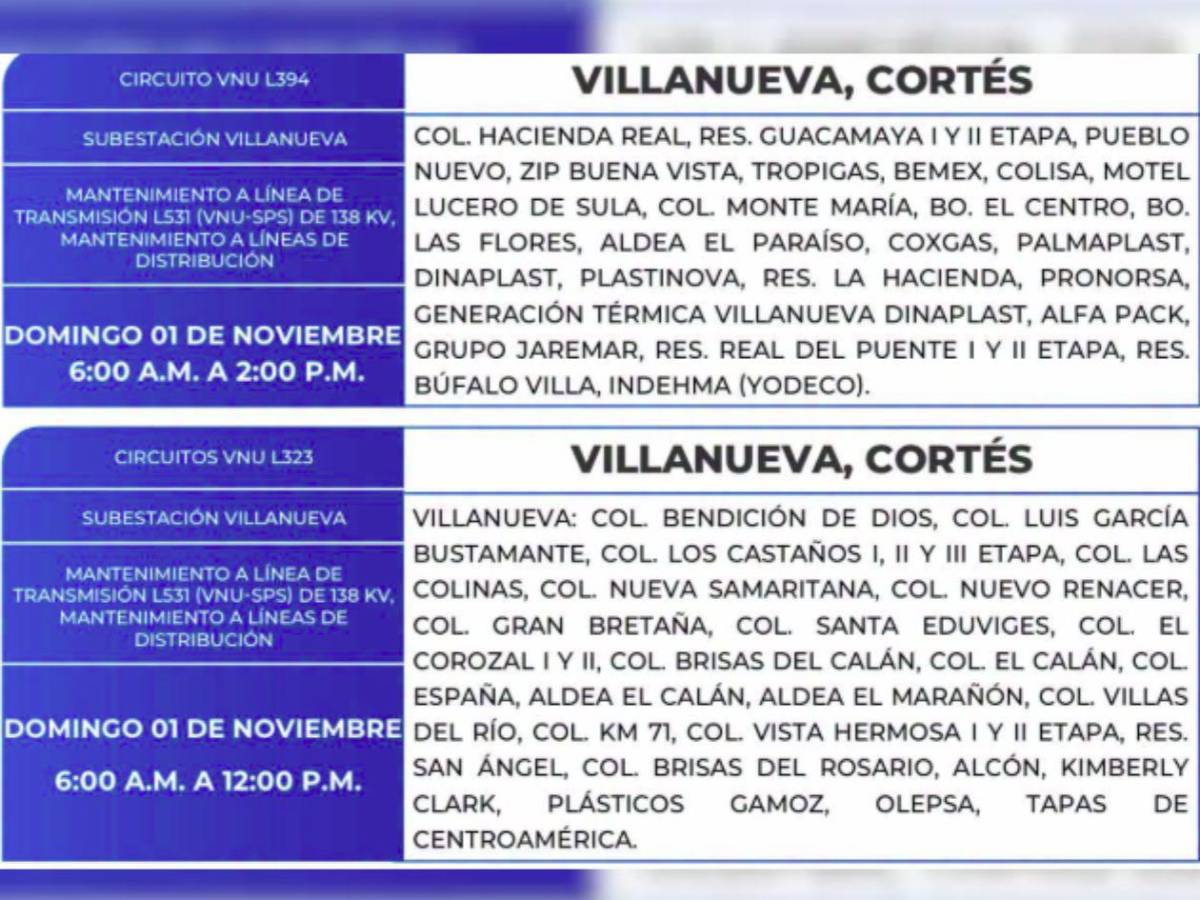 ¡Domingo sin luz! Extensa lista de zonas de Honduras no tendrán energía este 1 de noviembre