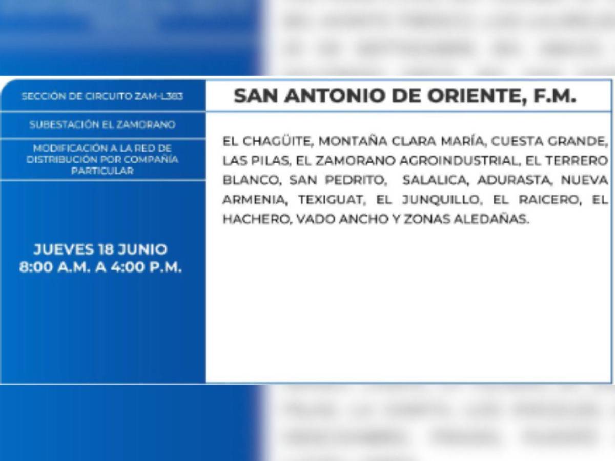 Ocho horas sin luz estarán estos sitios de Honduras este jueves 18 de junio