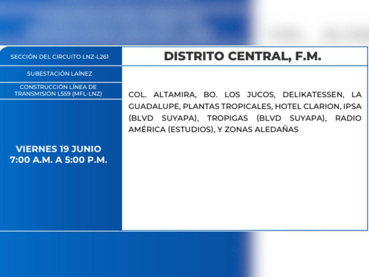 Diez horas sin luz estarán estas zonas de Honduras este viernes 19 de junio