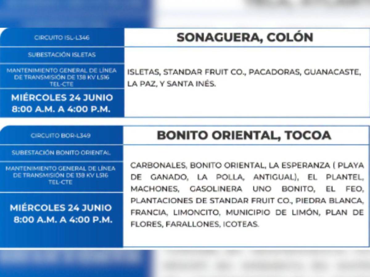 Estas zonas de Honduras no tendrán energía eléctrica este miércoles 24 de junio