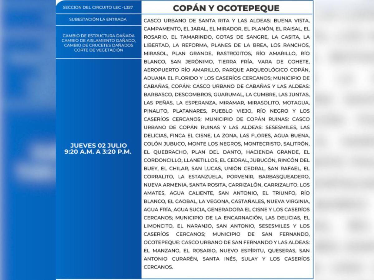 Más de 100 zonas de Honduras no tendrán luz este jueves 2 de julio