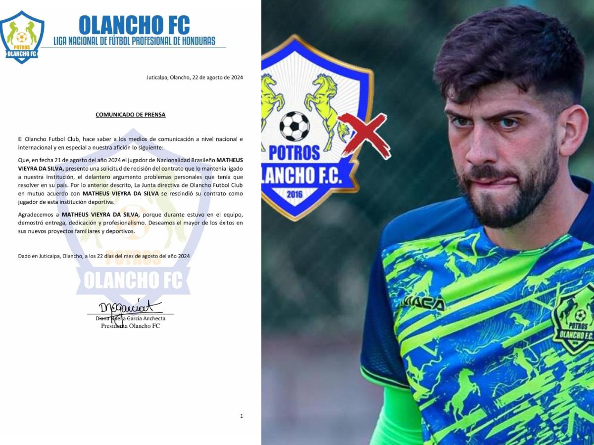 Matheus Vieira da Silva llegó en la presente campaña y rescindió de su contrato con el Olancho FC.